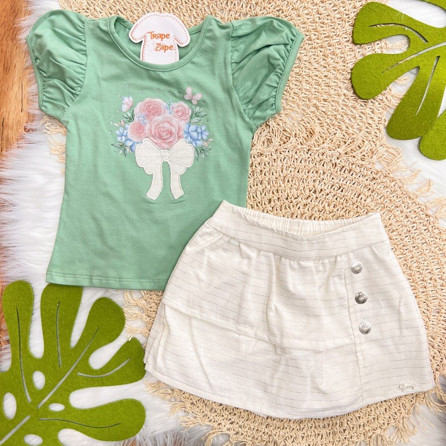 Conj. Blusa Buquê de Flores com Laço e Short Saia - Verde e Areia